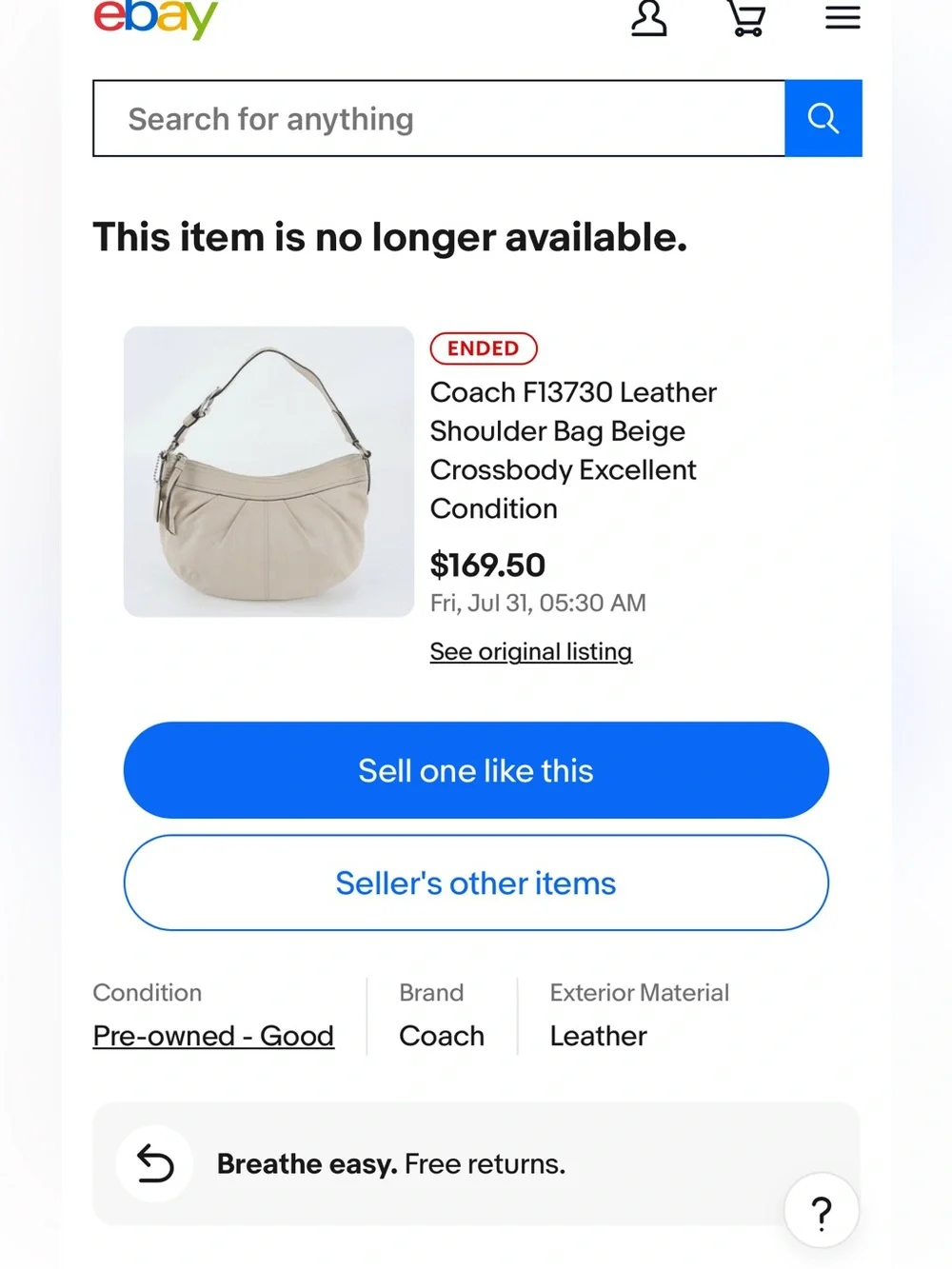 COACH Hobo Pleated One Shoulder Bag Shoulder White/cream no 00973-7373